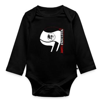 Antifascista vertikal Schriftzug & Flagge (weiß) - Baby Bio-Langarm-Body - Schwarz - Vorne
