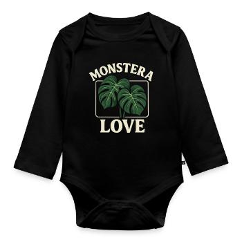 Monstera Love - Organic Longsleeve Baby Bodysuit - black - Front
