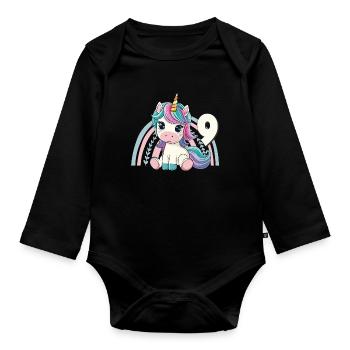 9th Birthday Unicorn Rainbow Cute Cute - Organic Longsleeve Baby Bodysuit - black - Front