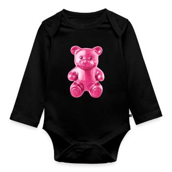 Pink Shiny Bear Motif - Organic Longsleeve Baby Bodysuit - black - Front