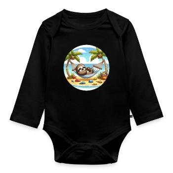 Beach lazy sloth in hammock - Organic Longsleeve Baby Bodysuit - black - Front