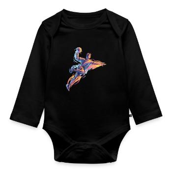 Dynamischer Handball Sprungwurf in Neon Flammen - Baby Bio-Langarm-Body - Schwarz - Vorne