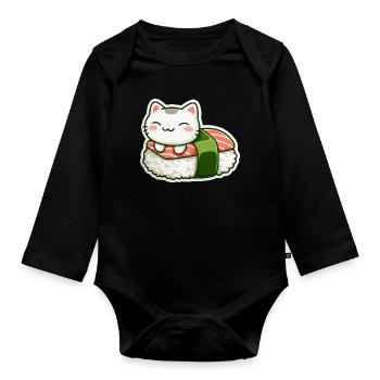 Kawaii Sushi Cat en Roll - Body Bébé bio manches longues - noir - Devant