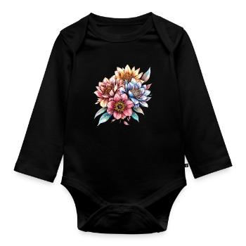 Water-coloured flower bouquet - Organic Longsleeve Baby Bodysuit - black - Front