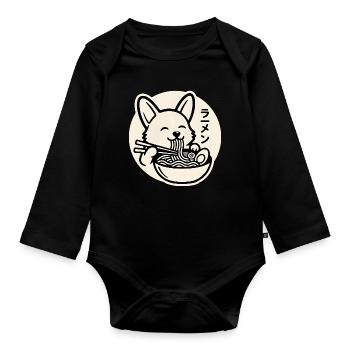 Un corgi heureux mange des nouilles ramen - Body Bébé bio manches longues - noir - Devant
