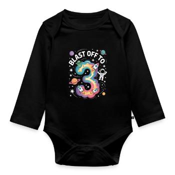 Abflug ins Weltall 3. Geburtstag Kindergeburtstag - Baby Bio-Langarm-Body - Schwarz - Vorne