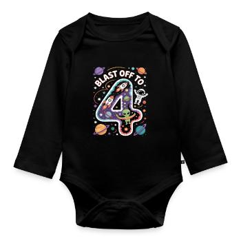 Abflug ins Weltall 4. Geburtstag Kindergeburtstag - Baby Bio-Langarm-Body - Schwarz - Vorne