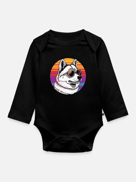 Husky mit Sonnenbrille im Regenbogen - Baby Bio-Langarm-Body - Schwarz