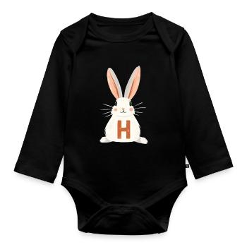 H Letter - Bunny - Customizable - Organic Longsleeve Baby Bodysuit - black - Front