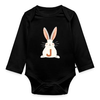 J -Buchstabe - Hase - Personalisierbar - Baby Bio-Langarm-Body - Schwarz - Vorne
