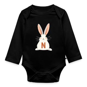 N - Lettre - Lapin - Personnalisable - Body Bébé bio manches longues - noir - Devant