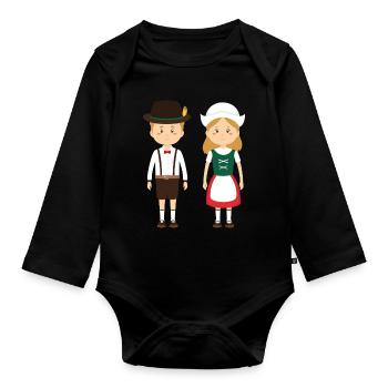 Volkstracht Kinderpaar in Lederhosen und Dirndl - Baby Bio-Langarm-Body - Schwarz - Vorne