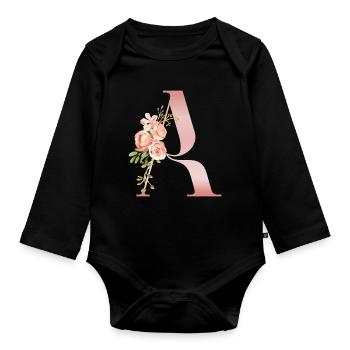 Monogramm Ein Pastellblume - Baby Bio-Langarm-Body - Schwarz - Vorne
