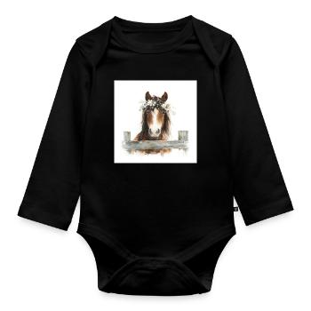 Poney couronné à fleurs - Body Bébé bio manches longues - noir - Devant