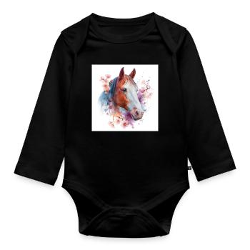 Cheval aquarelle florale - Body Bébé bio manches longues - noir - Devant