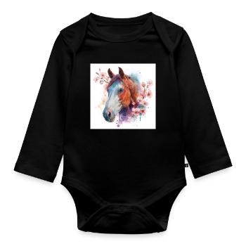Watercolor Horse and Blossoms - Organic Longsleeve Baby Bodysuit - black - Front