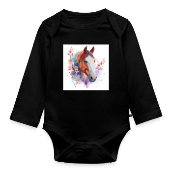 Watercolor Horse and Blossoms - Organic Longsleeve Baby Bodysuit - black - Front