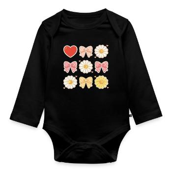 Pastel Daisy Bows Heart Pattern - Organic Longsleeve Baby Bodysuit - black - Front