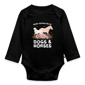 Hunde und Pferde mit Blumenkranz - Baby Bio-Langarm-Body - Schwarz - Vorne