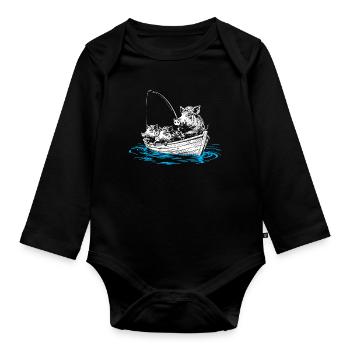 Wild boars on fish – illustration of wild boars in a boat - Organic Longsleeve Baby Bodysuit - black - Front