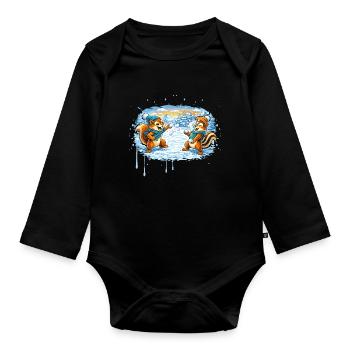 Funny snowball fight with chipmunks - Organic Longsleeve Baby Bodysuit - black - Front