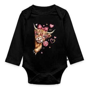 Verliebtes Hochlandrind mit Herzbrille und Lolli - Baby Bio-Langarm-Body - Schwarz - Vorne