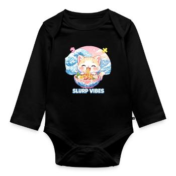 Slurp Kawaii Cat Ramen Noodles Anime Cat - Organic Longsleeve Baby Bodysuit - black - Front