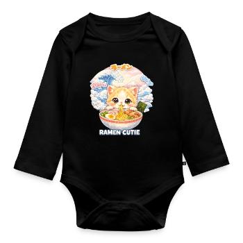 Kawaii Cats Ramen Nouilles Japon Ukiyo-E Rétro - Body Bébé bio manches longues - noir - Devant