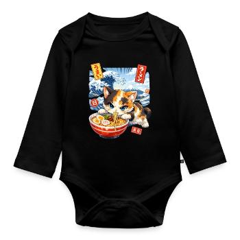 Japan Cat Ramen Noodle Retro Wave Motif - Organic Longsleeve Baby Bodysuit - black - Front