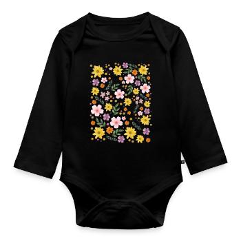 Watercolor Floral Magic Pattern - Organic Longsleeve Baby Bodysuit - black - Front
