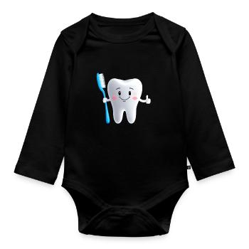 Smiling tooth with toothbrush - Organic Longsleeve Baby Bodysuit - black - Front