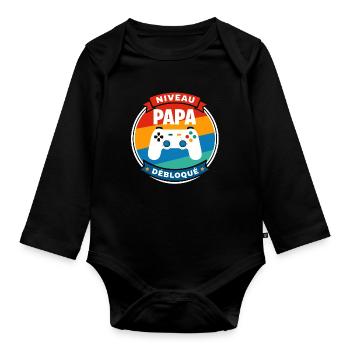 Papa-Level Entsperrtes Abzeichen - Baby Bio-Langarm-Body - Schwarz - Vorne
