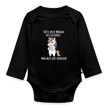 Almost Smiled – Grumpy Unicorn Morning Grouch - Organic Longsleeve Baby Bodysuit - black - Front