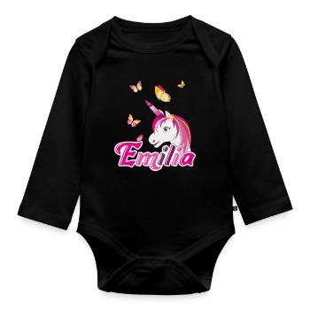 Emilia, nom de jeune fille, prénom préféré - Body Bébé bio manches longues - noir - Devant