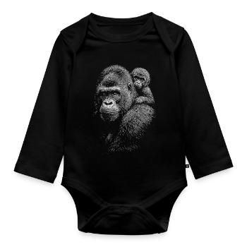 Gorille avec un petit en noir et blanc - Body Bébé bio manches longues - noir - Devant