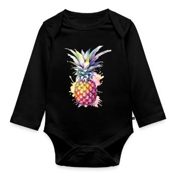 Pineapple Watercolor - Organic Longsleeve Baby Bodysuit - black - Front