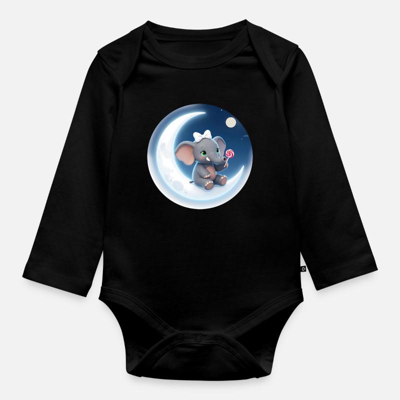 Moon Kiss Elephant with Lollipop - Organic Longsleeve Baby Bodysuit - black