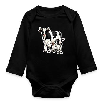 Vache avec veau – Illustration de ferme aimante - Body Bébé bio manches longues - noir - Devant