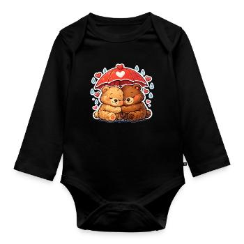 Cuddly bears under heart rain - Organic Longsleeve Baby Bodysuit - black - Front