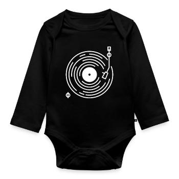 Retro-Plattenspieler-Linienkunst - Baby Bio-Langarm-Body - Schwarz - Vorne