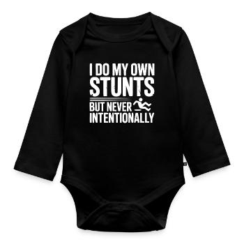 Ich mache meine eigenen Stunts, aber nie absichtlich - Baby Bio-Langarm-Body - Schwarz - Vorne