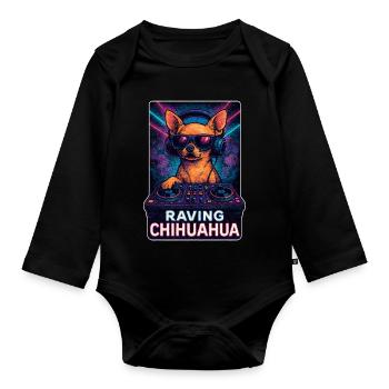 Raving Chihuahua – DJ Hund im Retro Rave Club - Baby Bio-Langarm-Body - Schwarz - Vorne