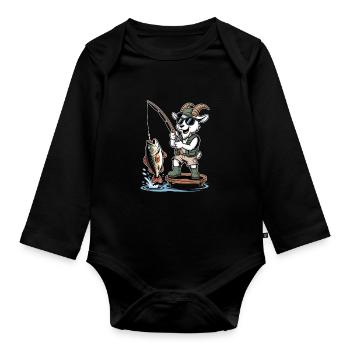 Funny fishing goat with big catch at the lake - Organic Longsleeve Baby Bodysuit - black - Front