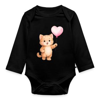 Heart Balloon Cat - Organic Longsleeve Baby Bodysuit - black - Front
