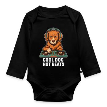 DJ Toller: Cool Dog - Hot Beats Retro Retriever - Baby Bio-Langarm-Body - Schwarz - Vorne