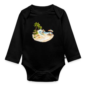 Surfer on the beach with palm trees and wave - Organic Longsleeve Baby Bodysuit - black - Front