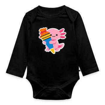 Pink Axolotl with Gift Brush - Organic Longsleeve Baby Bodysuit - black - Front