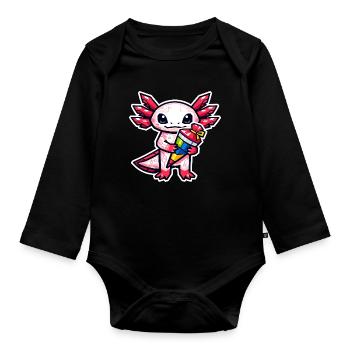 Axolotl with school cone for school enrollment - Organic Longsleeve Baby Bodysuit - black - Front