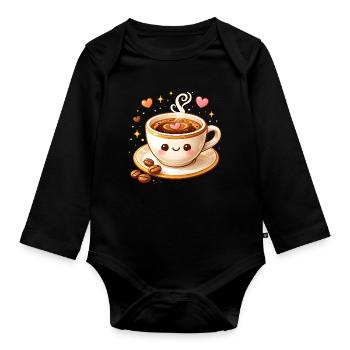 Tasse de café mignonne avec illustration de visage - Body Bébé bio manches longues - noir - Devant