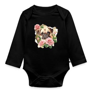 Mops mit Rosen - Baby Bio-Langarm-Body - Schwarz - Vorne